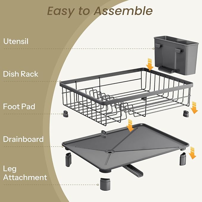 SNTD Dish Drying Rack for Small Kitchen Counter, 11" W x 15" L, Grey | Space Saving, Rotating Spout & Angled Drainboard for Quick Drainage, Stainless Steel, Removable Utensil Holder