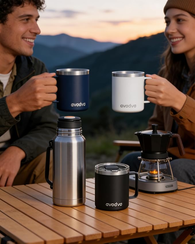 2 Pack 12oz Insulated Coffee Mug with Lids – Double Wall Stainless Steel Travel Cups with Handle, Keep Hot & Cold Drinks, Ideal Gift for Coffee Lovers, Home, Office & Camping, Black