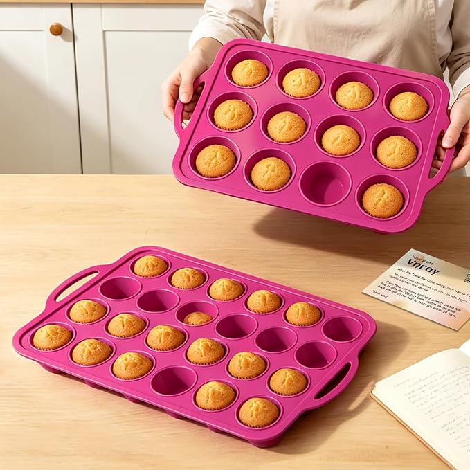 Silicone Mini Muffin Tin Set: 12 & 24 Small Cupcake Baking Tin with Frame | Easy Release - Complete Shaping Each Use Avoid Re-baking - BPA-free Muffin Trays Reinforced Frame for Oven Home Bakers Vnray