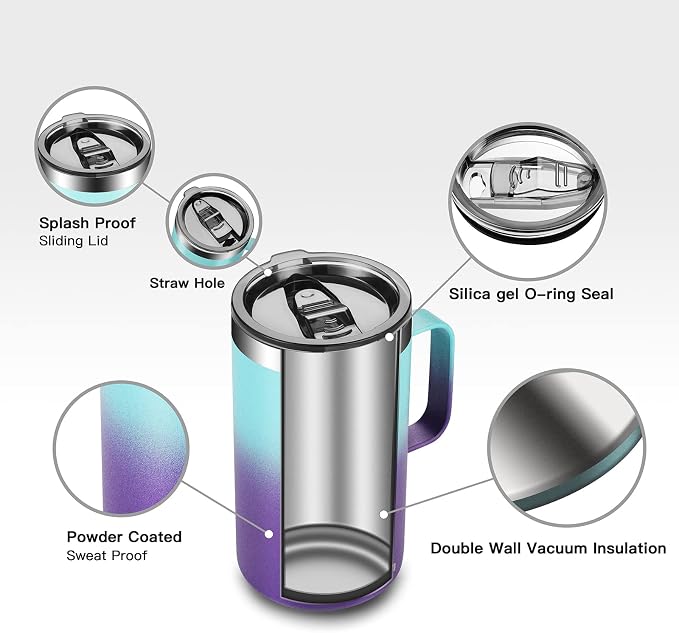 KXIAOCHEN 20 oz Insulated Coffee Mug, Coffee Cup with Lid and Wide Handle | 18/8 stainless steel, 6+ hours hot or 12+ hours cold, wide mouth, no-sweat exterior, for office, work, home and camping