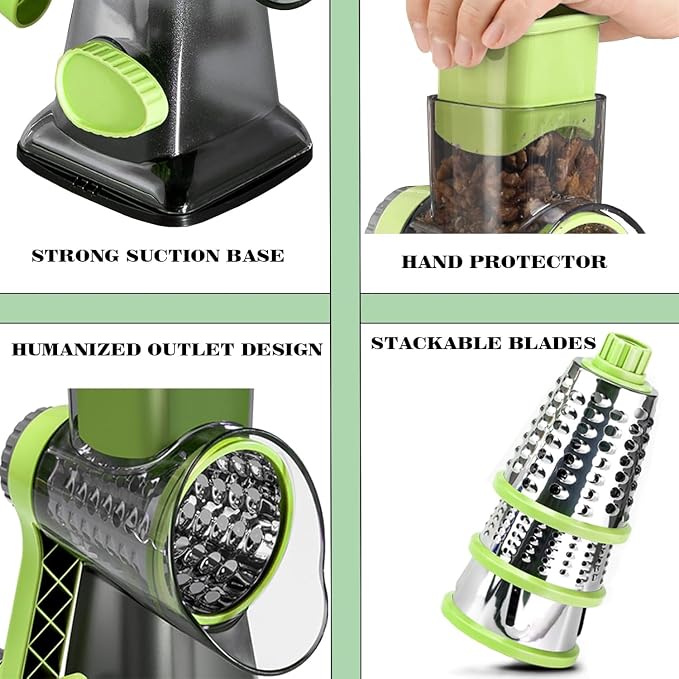 Cheese Grater with Handle,Multifunctional Rotary Cheese Grater | Powerful suction cup base,Effortless and time-saving,Protects your hands,Versatile,Detachable,Easy to clean