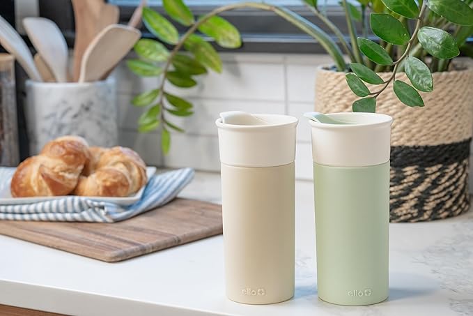 Ello Ogden 16oz Ceramic Travel Mug with Slider Lid and Sleeve, Honeydew | Splash-resistant ceramic travel mug with slider lid and protective silicone sleeve. BPA-free, great for coffee and tea.