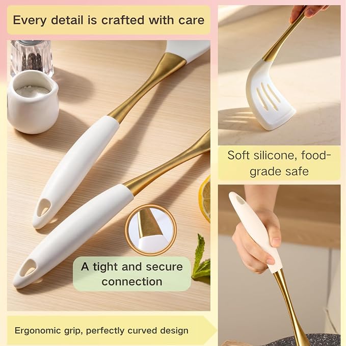 Heat-Resistant Kitchen Spatula Set – Non-Toxic Cooking Utensils with Solid & Slotted Designs –Food Grade Silicone and Gold-Plated Stainless Steel Handles –Ideal for Nonstick Cookware, Gold