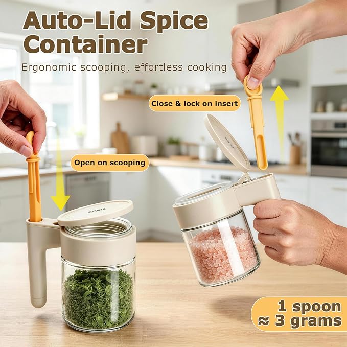 Spice Jars with Spoons,4-Pack 13.5OZ Glass Pantry Storage Containers | Seasoning Containers with Lids for Storage Dry Goods in Pantry & Cabinet, Glass Meal Prep Containers for Snacks Spice Sugar