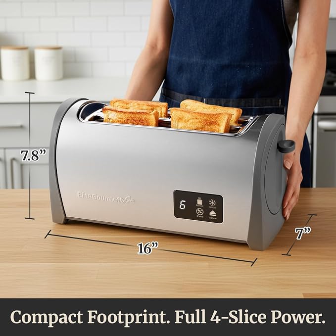Elite Gourmet Digital 4-Slice Long Slot Toaster, Stainless Steel | Touch Screen LED Display, 6 Browning Levels, Defrost/Reheat, Extra-Wide 1.5" Slots Fit Artisan & Bagel Bread - Modern Design
