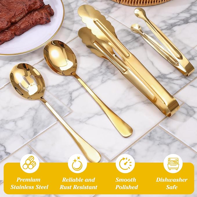 Mwellewm 18Pcs Serving Utensils Set Serving Tongs Serving Spoons for Buffet | Dishwasher Safe, Gold Stainless Steel Tableware, Metal Cutlery, for Parties Weeding Entertaining Catering Banquet Birthday