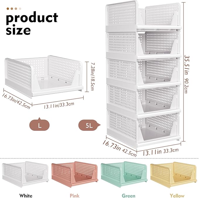 SNSLXH 5 Pack Stackable Closet Organizer Box, Multifunctional & Foldable Closet Storage Basket for Bathroom Kitchen Laundry Room Wardrobe Storage, Space-Saving Clothes Storage Drawer Organizer, Yellow | Stackable & Foldable Closet Storage Bins for Bath...