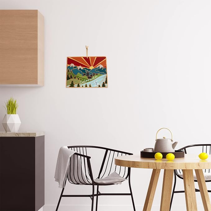 Totally Bamboo Colorado State Shaped Cutting Board, Summer Stokes Art | State charcuterie board with colorful hand-drawn landscape art. Smooth reverse side for food prep. Hang tie for wall display.