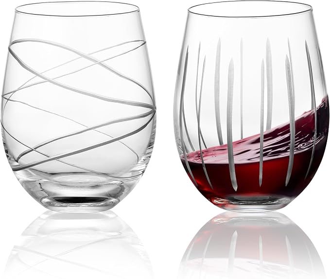 Joeyan Hand Blown Etched Stemless Wine Glasses for Red Wine,Large Carved Drinking Glass Cups Tumblers with Strips Swirls Pattern for Wedding Anniversary Party Home,Set of 2, 17.5 oz, Dishwasher Safe
