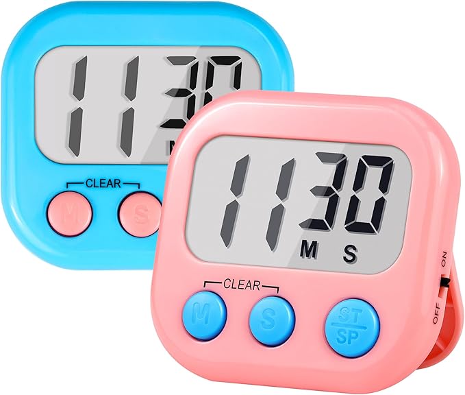 Timer for Kids Digital Kitchen Timers for Cooking- 2 Pack Blue Pink | Countdown Timer for Classroom Study Exercise Teacher Supplies, Strong Magnetic, Loud Alarm, Large Screen, Fast Reset, Memory