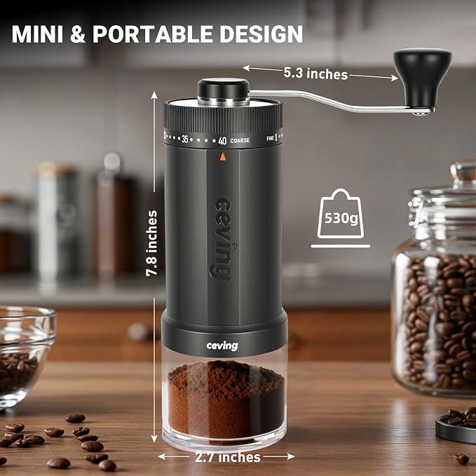 CEVING World's First 60g Large Capacity Manual Coffee Grinder, Gray | 40 External Settings, Portable Hand Coffee Bean Mill with Stainless Steel Conical Burr for Travel, Camping, Pour Over & Gift