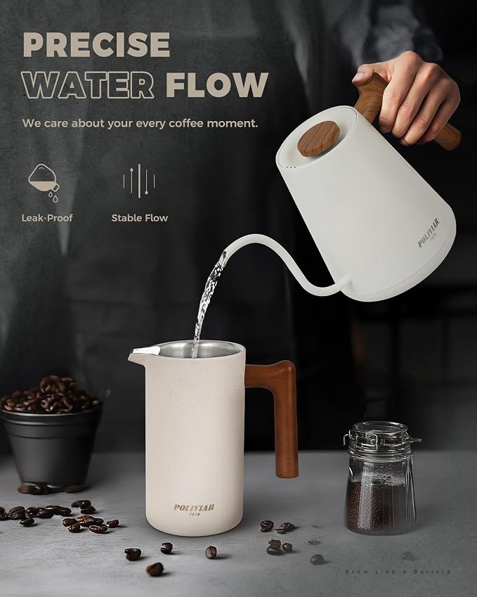 POLIVIAR Electric Gooseneck Kettle, Wood Pattern Handle, White | 1350W, 34oz Pour Over Electric Tea Kettle for Coffee & Tea, 18/8 Stainless Steel Inner, Temperature Control, Rapid Heating