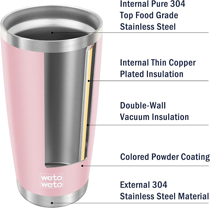 WETOWETO 20oz Tumbler with 2 lids and 2 straws, Stainless Steel Vacuum Insulated Water Coffee Tumbler Cup, Double Wall Powder Coated Spill-Proof Travel Mug Thermal Cup (Ice Pink, 1 Pack)