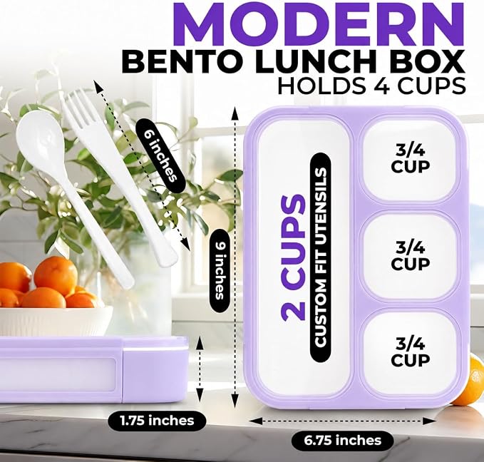 kinsho Bento Lunch Box for Kids Women Adults Girls School Work | Snack Containers for Toddlers Tweens | 4 Divided Sections for Portion Control includes Utensils BPA Free | Purple
