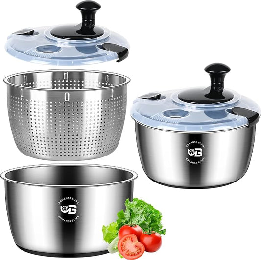5.3 Qt Stainless Steel Salad Spinner, BOMANSI BOMS Vegetable Spinners, Lettuce Spinner, Fruit Washer, Large Salad Spinners, Dishwasher Safe, 304 Stainless Steel Bowl & Basket