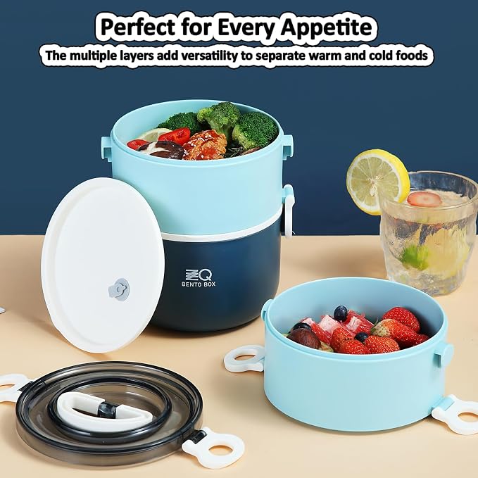 3-Tier Stackable Lunch Box Adult Bento Box Set with Thermo Bag, Utensils | 81oz Large Capacity Lunch Containers, BPA-Free, Leak-Proof, Microwave & Dishwasher Safe Bento Box for Work, School, Blue