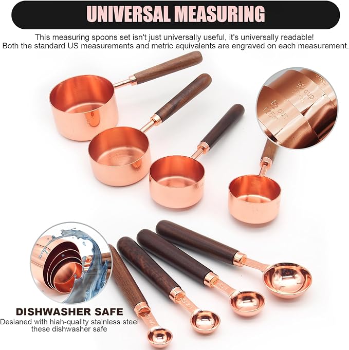SHIKORI Rose Gold Measuring Cups and Spoons Set with Wood Handles-4PCS | Premium Stainless Steel Measuring Spoons and Measuring Cups Set, For Cooking and Baking in the Kitchen-Rose Gold-4Cups