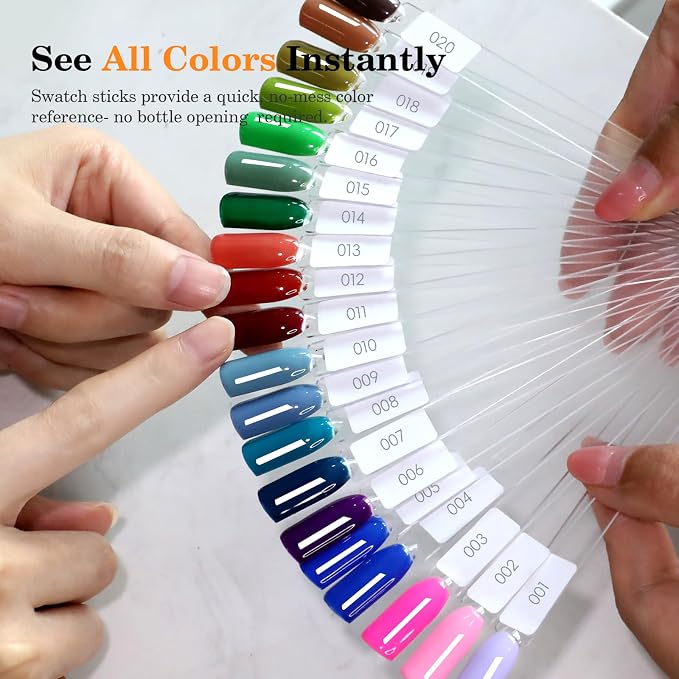 PEACECOLOR 50 Pcs Nail Swatch Sticks with Ring, Nail Color Swatches Display Kit with 60 Blank Number Sticker & Protective Container Box - Clear Fan-Shaped Swatch for Nail Art Practice Home and Salon