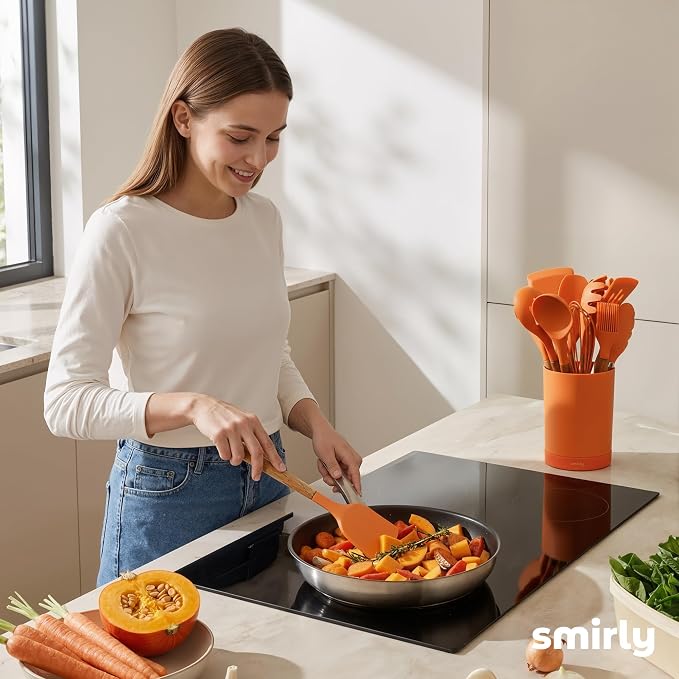 SMIRLY Silicone Kitchen Utensils Set, 22-Piece Acacia Wood Handle, Orange | Cooking Utensils Set, Spatula Set with Utensils Holder, for Nonstick Cookware, for New Home & 1st Apartmen, BPA Free
