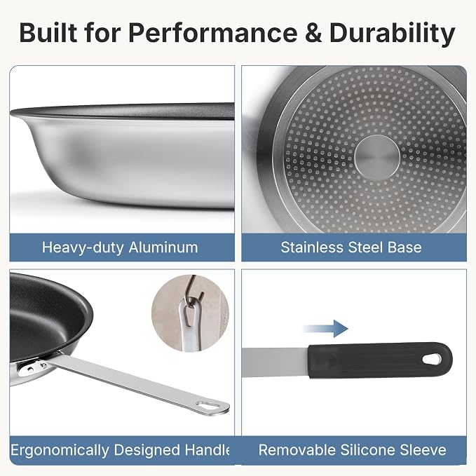 DUMOS 12 Inch Nonstick Frying Pan, Heavy-Gauge Aluminum Skillet with Ceramic Nonstick Coating & Stainless Steel Base, Omelet Pan for Induction, Electric, Gas, PFAS Free, Oven Safe, Black Handle