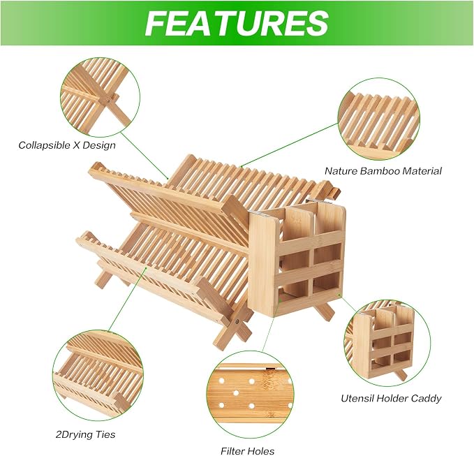 NOVAYEAH Bamboo Dish Drying Rack-2 Tier, Collapsible Small Dish Rack with Utensil Holder, Wooden Drying Rack for Kitchen Counter, Apartment Essentials Kitchen Plate Holder Organization 34 pcs Grid