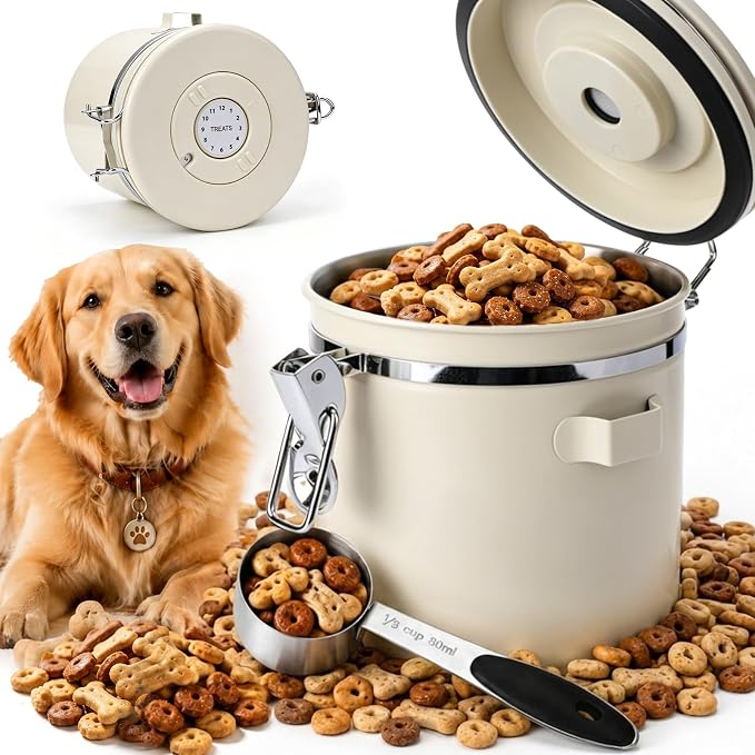 Dog Treat Container Airtight, 1.3 Qt 304 Stainless Steel Dog Treat Jar & Pet Treat Canister with Scoop, Date Dial, Locking Clamp, Silicone Seal for Dog Biscuits, Cookies, Training Snacks