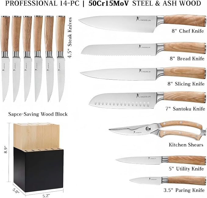 Kangdelun Ultra Sharp 14-Piece Kitchen Knife Set, High Carbon Stainless Steel Blades, Torrefied Natural Wood Handles, Ergonomic Design, Space-Saving Black-Finished Wood Block, Easy Hand Wash, Gift Box