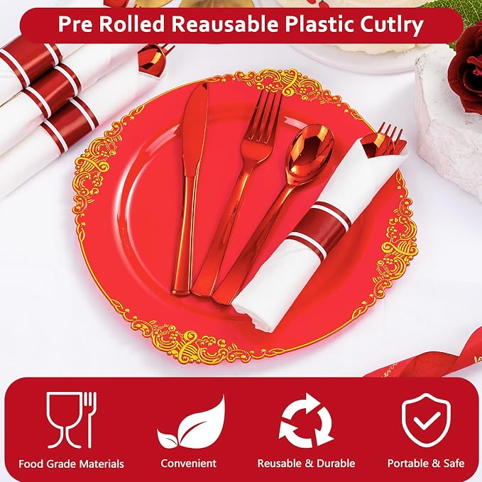 400PCS Pre Rolled Red Plastic Silverware Sets Heavy Duty for Wedding | Individually Wrapped Utensils, 100 Guests, Durable and Sturdy, BPA free, Includes Matching Napkins, for Festive Events