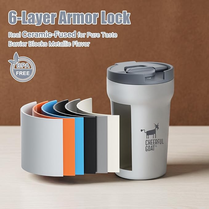 CHEERFUL GOAT Travel Coffee Mug – Stainless Steel Ceramic Lined Mug Insulated Tumbler, with lid, 12oz Leak Proof Cup for Hot and Cold Water Coffee at Home, Office, or On the Go (Grey)