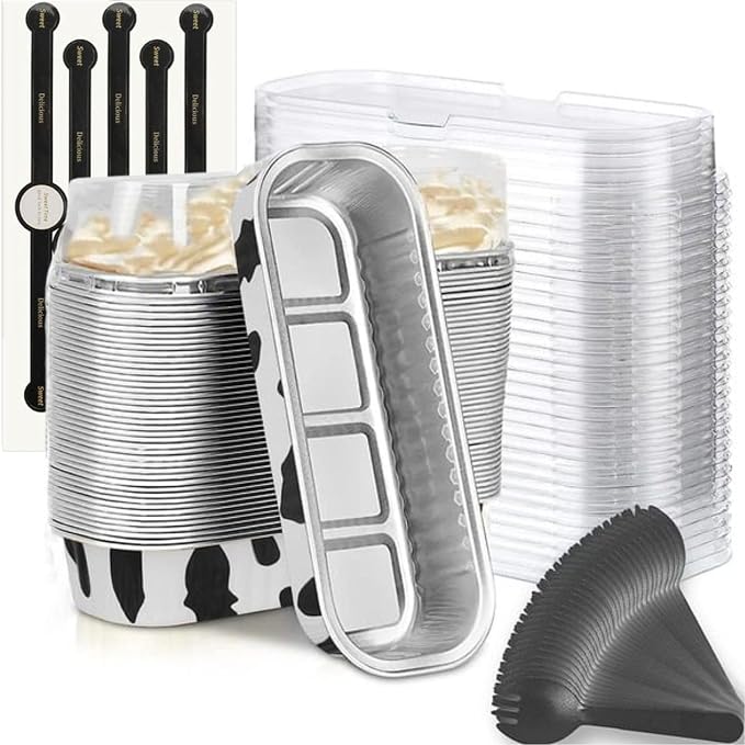 Findful Mini Loaf Baking Pans with Lids and Spoons (50 Pack, 6.8oz) Rectangle Aluminum Foil Baking Pans Tins Containers - Cupcake Containers Wrappers Cheesecake Creme Brulee Ramekins