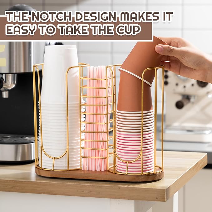 18oz Adjustable Coffee Cup Dispenser with Wooden Base, Cup and Lid Holder, Cups Holder Organizer for Coffee Pod Straw and Lid Storage(3-compartment Single,Color 2)