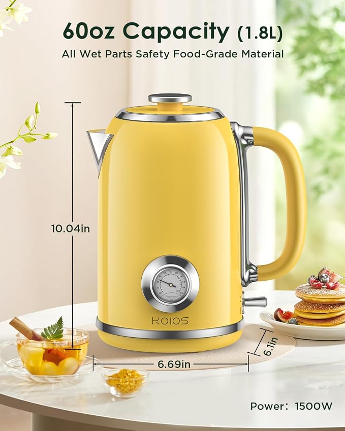 KOIOS Electric Kettle 1.8L with Built-in Temperature Gauge, Retro Design | 1500W Hot Water Tea Pot for Boiling Water, Stainless Steel Interior, Auto Shut-Off & Boil Dry Protection, Drip-free Spout