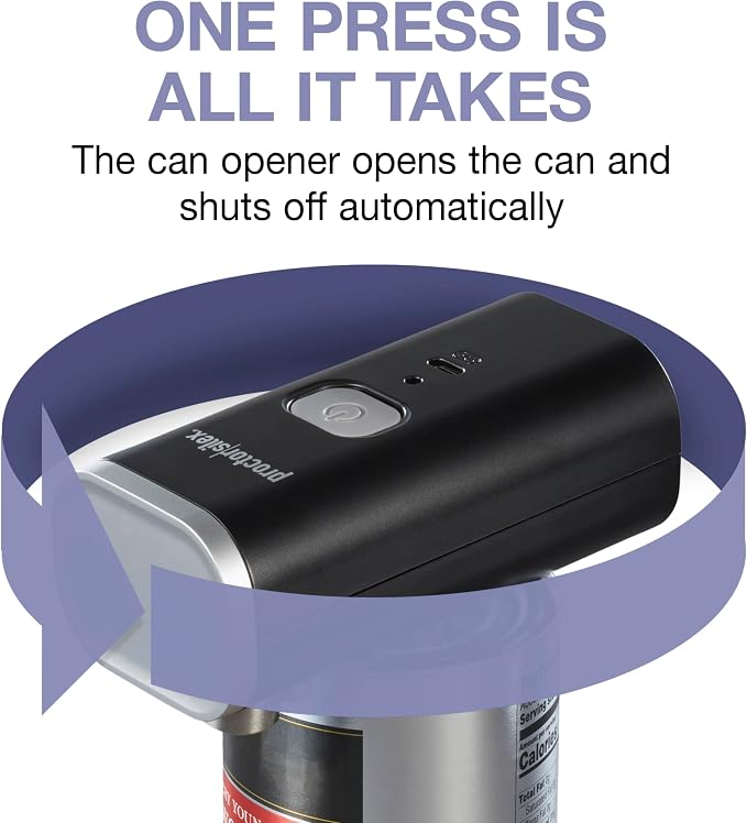 Proctor Silex Hands-Free Cordless USB Rechargeable Electric Can Opener | Automatic Shutoff | Self-Aligning | Smooth Touch Lid Edges | Compact & Easy to Store | Black | 76502