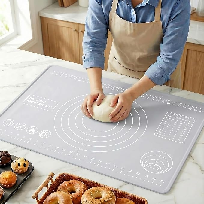 Silicone Pastry Mat 28" x 20" Extra Thick Silicone Baking Mat with Measurements and Edge Heightening Non-stick Food Grade Dough Rolling Mat Kneading Sheet for Pastry, Bread, Cookies (Light Gray)