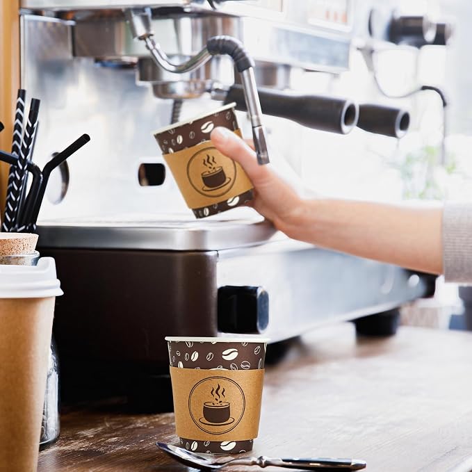 JOLLY PARTY 10oz(100 Pack) Disposable Coffee Cups with Lids, Sleeves and Straws - Paper Coffee Cups with Lids, Hot Cups for Shops, Cafes, and Concession Stands(Dark Brown)