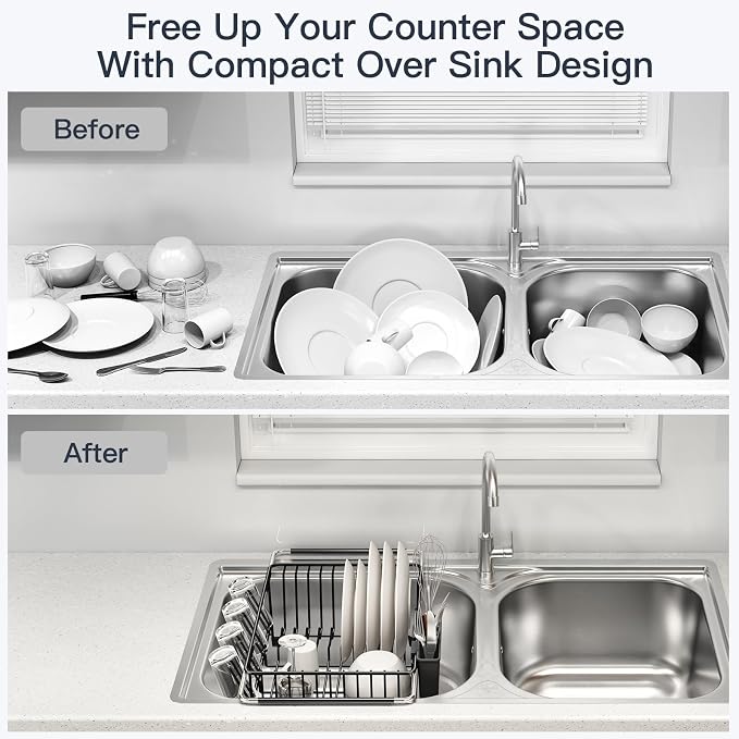 Dish Drying Rack Over The Sink with Utensil Holder, Mat | Expandable Stainless Steel Dish Drainer for Small Kitchen, Apartment, RV, Counter Space Saving, Perfect Fit, Rustproof