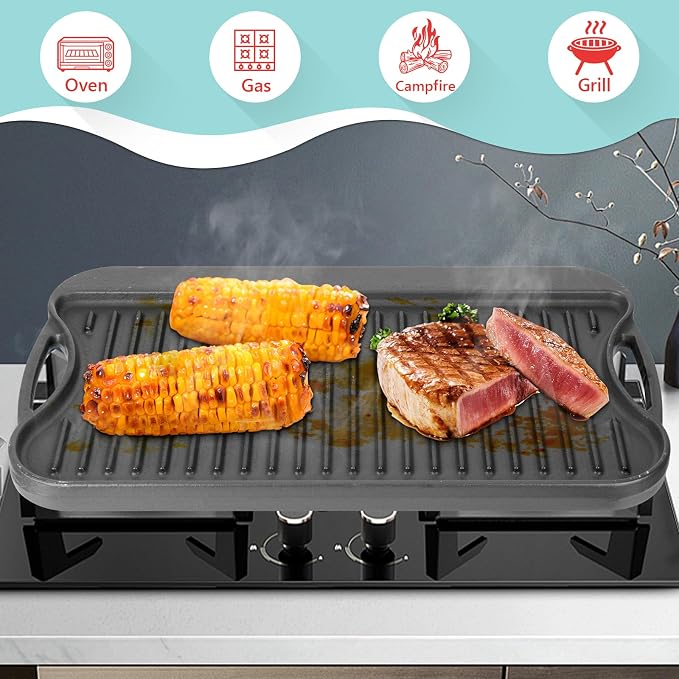 2 in 1 Reversible Cast Iron Griddle for Gas Grill, Flat Top Grill Pan for Gas Stove, Pre-Seasoned Oven Top pan,Upgrade Double Burner Griddle for Indoor & Outdoor Cooking Accessories, 17" X 10"