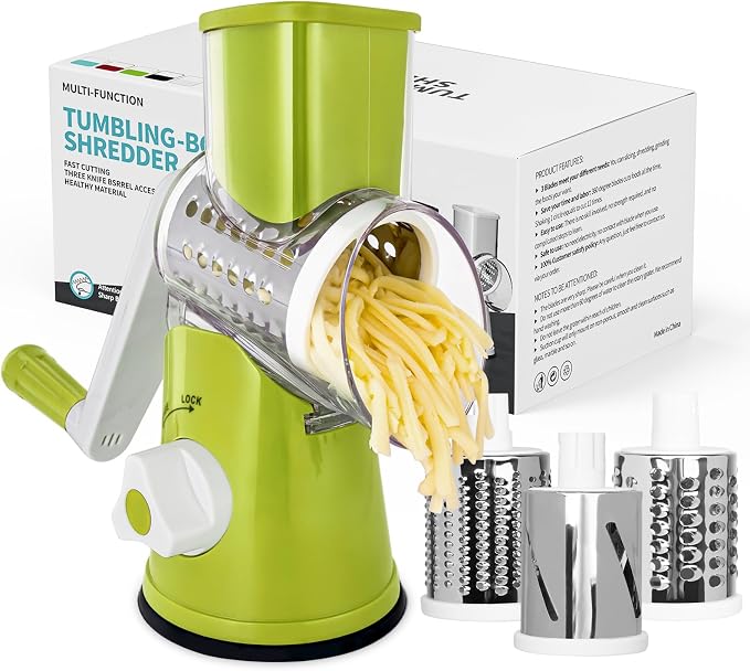 X Home Rotary Cheese Grater for Kitchen, Shredder with 3 Interchangeable Blades, Rotary Grater with Handle and Strong Suction Base, for Vegetables, Fruit, Nuts, Easy to Use and Clean, Green