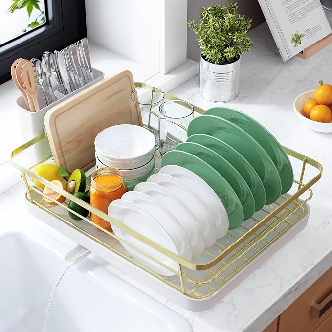 Kitsure Dish Drying Rack for Kitchen Counter, 12''W x 15.5''L, Gold | Stainless Steel Sink Organization, Cutlery Holder, Home and Appartment Decor