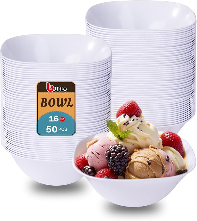 bUCLA 50Pack White Plastic Serving Bowls - 16oz Disposable Serving Bowls for Party Dessert/Ice Cream/Salsa/Snack