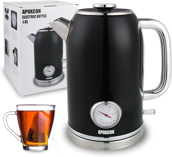 APOXCON Retro Electric Kettle with Thermometer, 1.8L Stainless Steel, Black, Cordless, 1000W Fast Boiling, Automatic Shut Off