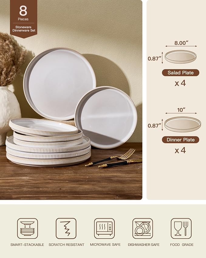 Ceramic Dinnerware Sets for 4, 8-Piece Flat Dinner Plates and Salad Plates | Famiware Premium Stoneware Dishes, Chip & Scratch Resistant, Microwave & Dishwasher Safe, Everyday Dining, Cappuccino White
