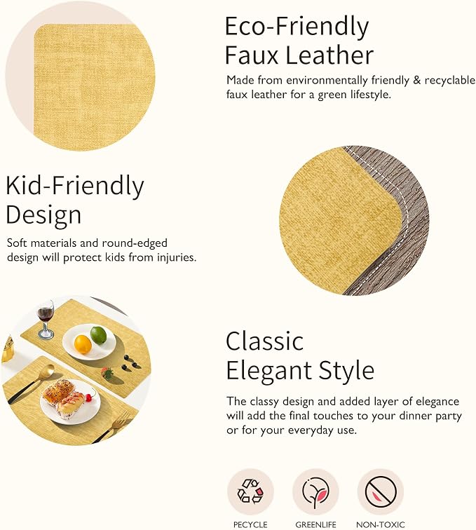 Maxpearl Faux Leather Placemats Set of 6, Easy to Clean, Light Yellow | Waterproof - Heat Resistant - Non Slip - Wipe Clean Dining Table Place Mats, Suitable for Indoor & Outdoor Use, 17''×12''