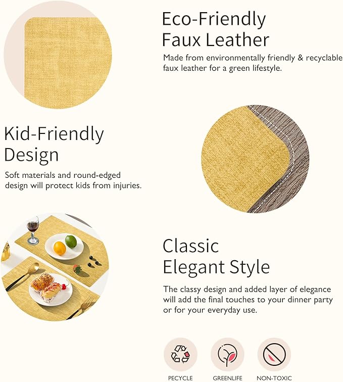 Maxpearl Faux Leather Placemats Set of 8, Easy to Clean, Light Yellow | Waterproof - Heat Resistant - Non Slip - Wipe Clean Dining Table Place Mats, Suitable for Indoor & Outdoor Use, 17''×12''