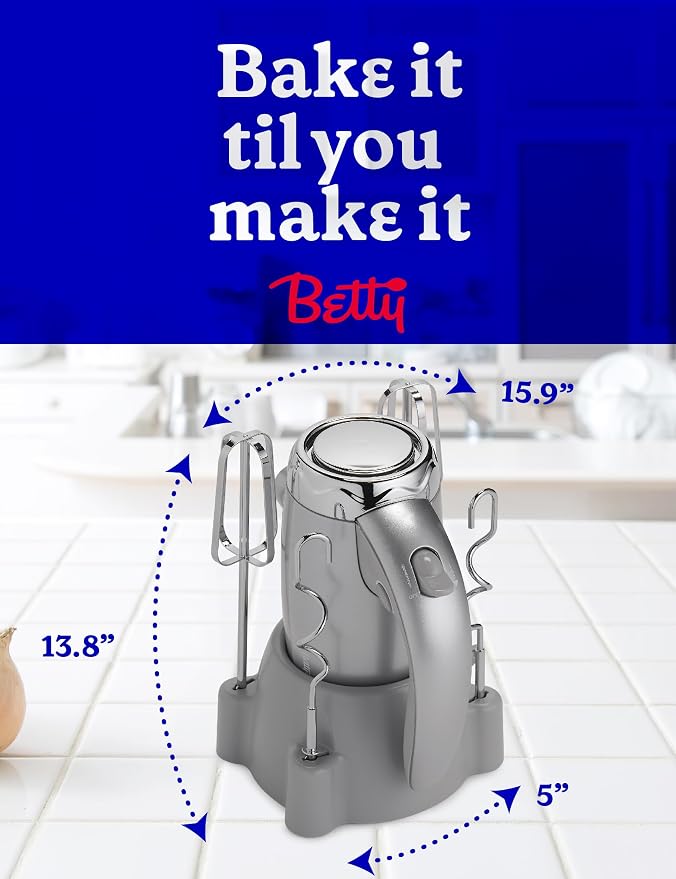 Betty Crocker 7-Speed Power-Up™ Hand Mixer with Stand, BC-4208S, Silver | 300 Watt Electric Mixer with Beaters and Dough Hooks, Ergonomic Electric Hand Blender for Home & Kitchen with Stand