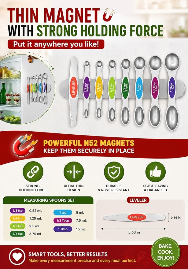 Premium Magnetic Measuring Spoons Set|Strong N52 Magnets|Heavy Duty Stainless Steel|Dual-Sided for Spice Jar & Liquid Measuring|Dishwasher Safe|7 Spoons with Leveler for Baking & Cooking (Colorful)