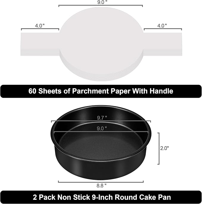 9 Inch Round Cake Pan, 2PCS Cake Pans 9 Inch Round with 60 Parchment Paper | 9 Inch Cake Pan for Birthday, Round Cake Pans for Baking Layered Cakes Deep-Dish Pizza Pie, Even Heating & Dishwasher Safe
