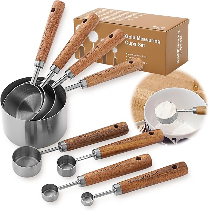 Premium Wood Handle Stainless Steel Measuring Cups and Spoons 8PCS | Food-grade, Rust-proof,Engraved Marks Never Fade,For Dry & Liquid Ingredients,Nesting Saves Space,Ideal Gift for Bakers