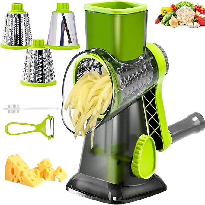 Cheese Grater with Handle,Multifunctional Rotary Cheese Grater | Powerful suction cup base,Effortless and time-saving,Protects your hands,Versatile,Detachable,Easy to clean