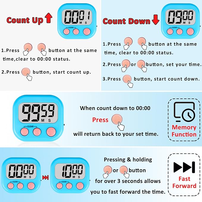 ZILLEEN Digital Kitchen Classroom Timers for Kids Cooking 6pcs MulticolorB | Strong Magnetic, Large Screen, Big Button, Kitchen Timers for Cooking Teacher Study, Blue Green Pink Purple Yellow Orange